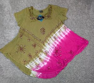 California Woman Tunic Top Dress Womens Green Free Size Embroidered Boho India